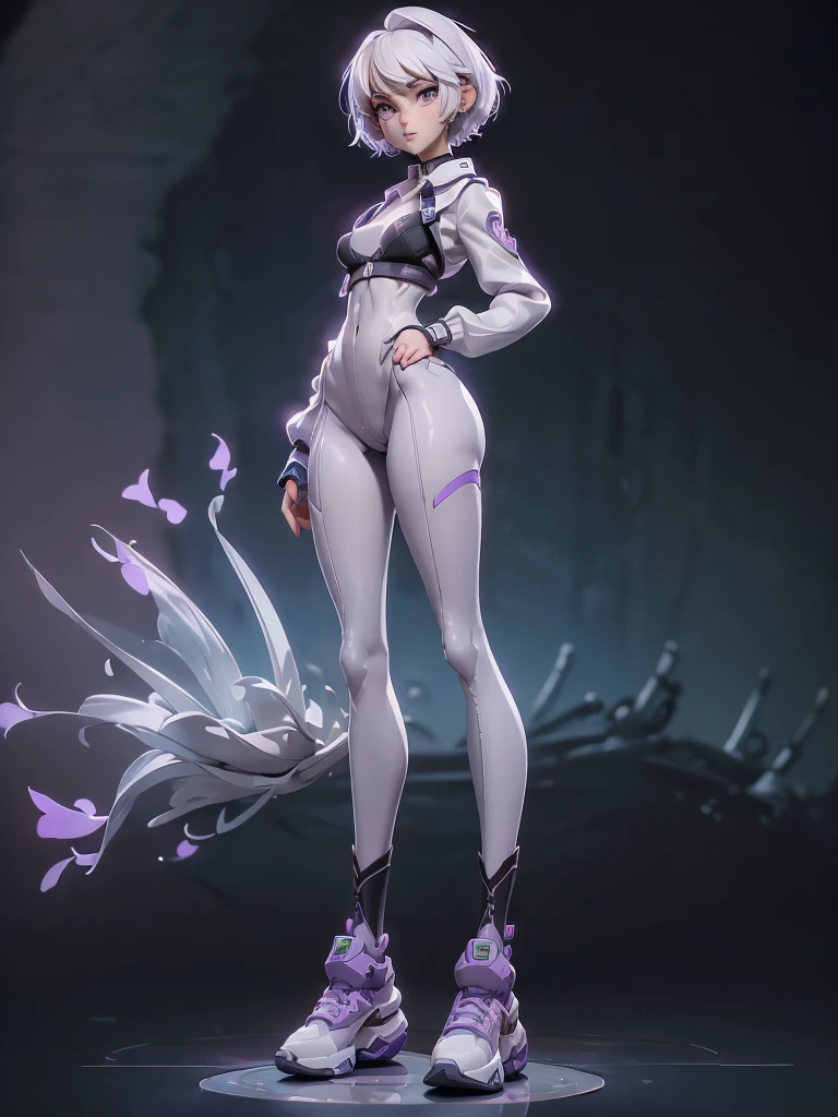 (((Best Quality))), (((Masterpiece))), (((Realistic))) slender, cute girl with short white hair and vibrant purple eyes. She wears only a black panties and sport bra with high-tech boots(extremely detailed)(full body shot:1.8)