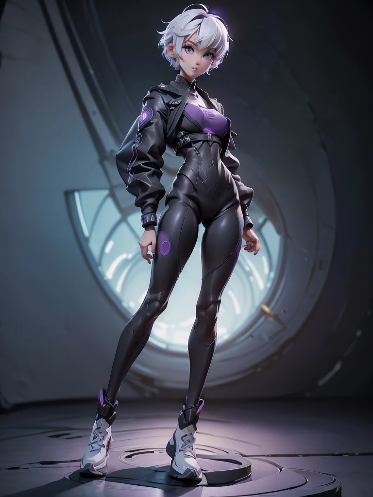 (((Best Quality))), (((Masterpiece))), (((Realistic))) slender, cute girl with short white hair and vibrant purple eyes. She wears only a black panties and sport bra with high-tech boots(extremely detailed)(full body shot:1.8)