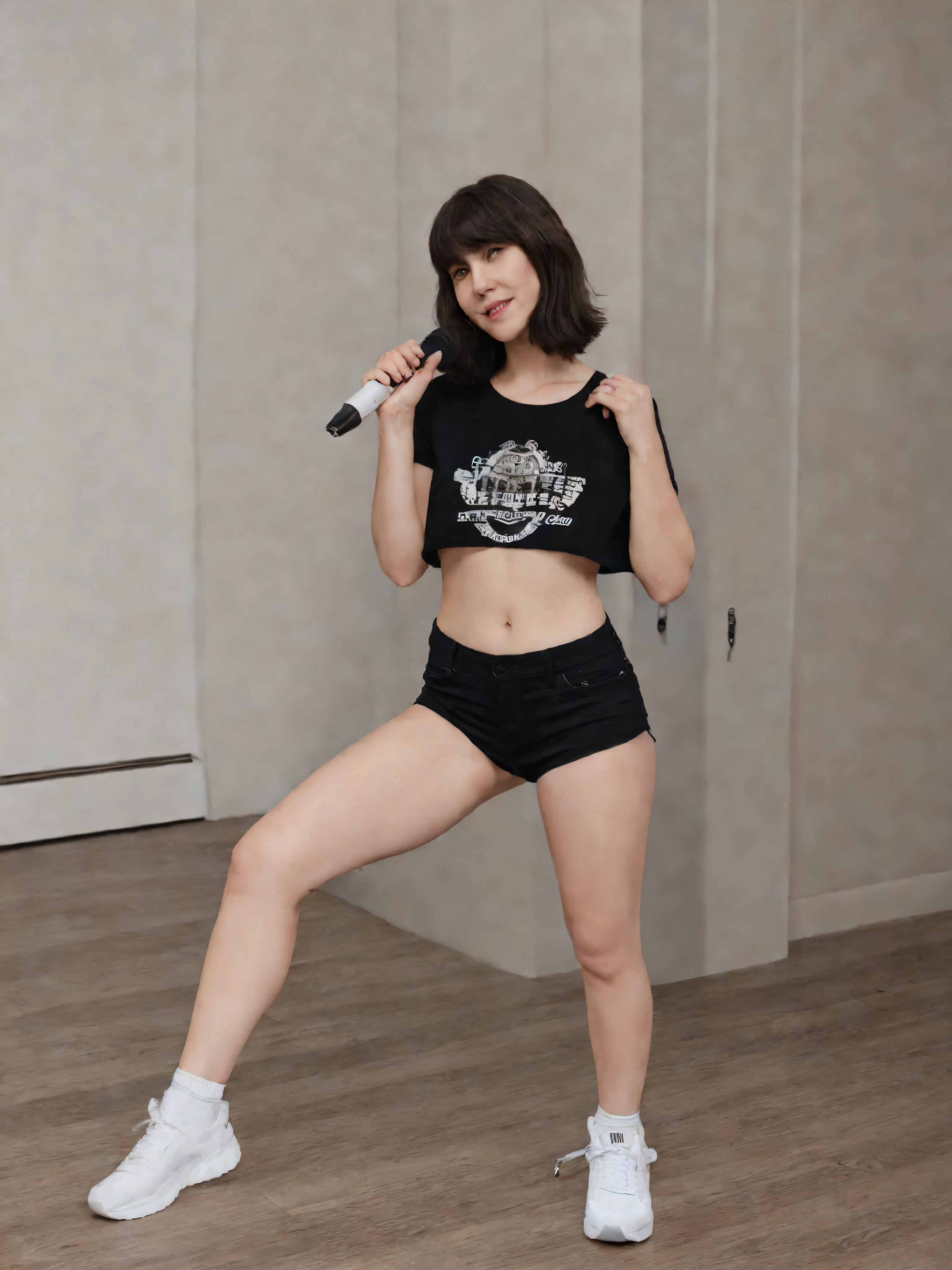 A woman with black bob hair, full bangs, singing on stage, wearing a black crop shirt, shorts, sneakers, socks, beautiful body, slim, beautiful face, masterpiece, best quality, 4k, 8k, raw