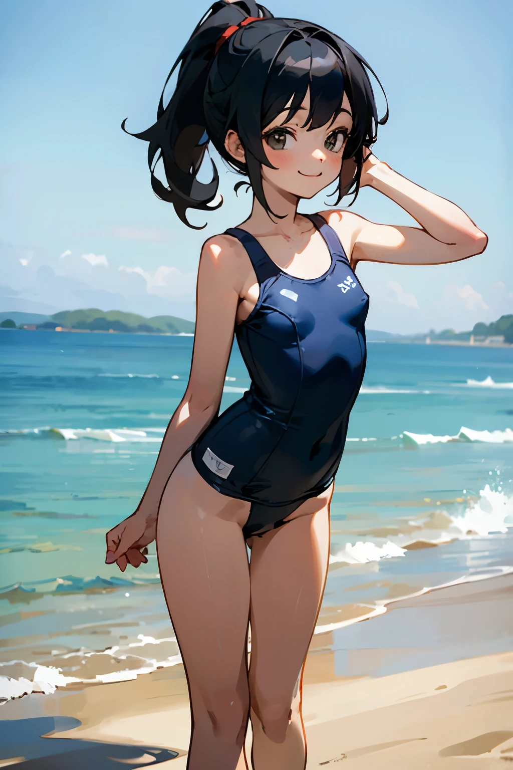 NSFW、In the best quality、age girl standing on a sandy beach。In high resolution、Beautiful details、Quiet atmosphere。Black hair ponytail、Cute Smile.。Small breasts、Cute School Swimsuit。