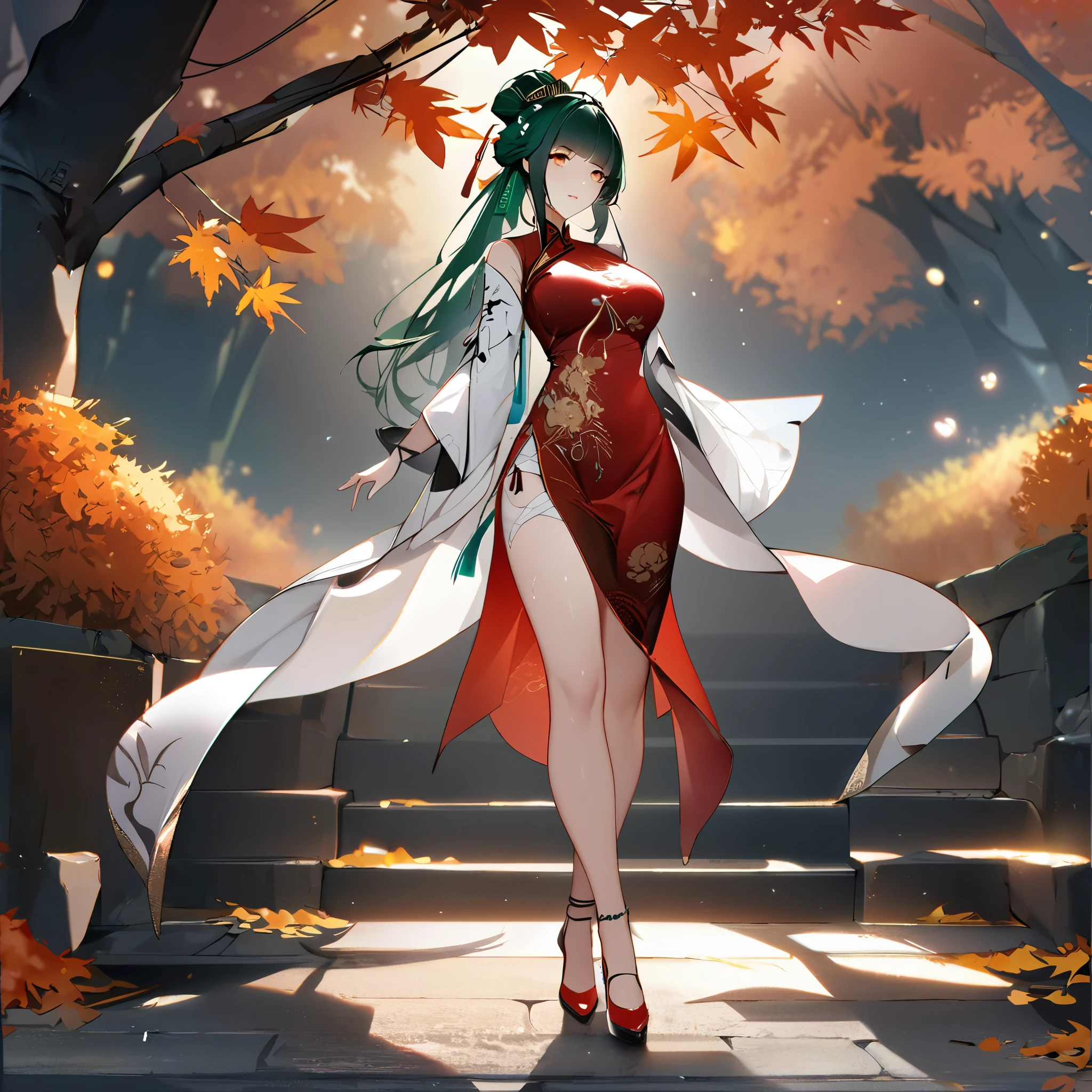 A woman wearing traditional Chinese dress, red dress with bamboo designs, green hair, tied up hair, long hair, orange eyes, peacock feather in her hair, red heels, feathers on her sleeve, standing posture, walking on a concrete walkway near of a lake, autumn tree, perfect face, perfect eyes, perfect lips, night place, lighting with fireflies, punishing_gray_raven, Hanying, .UHD , prime work , accurate , anatomically correct , textured skin , super details , high quality , best quality, 8k, high resolution, bokeh effect. (woman solo), close view.
