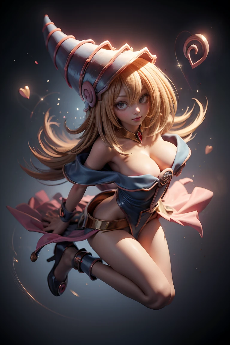 (masterpiece:1.2), (The best quality:1.2), perfect lighting, Dark Magician Girl casting a spell, floating in the air, big tits, neckline, magic background. Transparent hearts in the air, blue robe, big hat, from above, Sparkles, Yugioh Card in the background. In heels and a bikini 