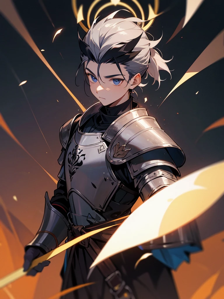 Young man with hair tied at the base of his head, wearing black armor with an ellipse on the armor&#39;s chest, There is a spirit of a beautiful woman holding on to the horseman&#39;s shoulders, he has black hair and light eyes