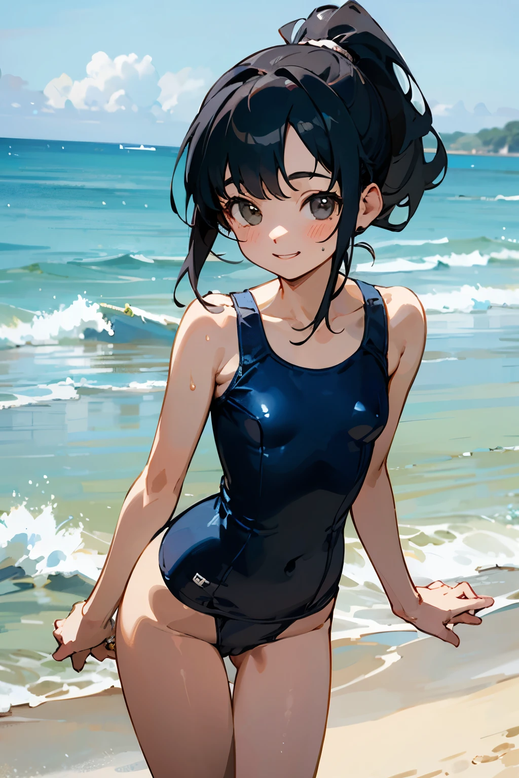 NSFW、In the best quality、Teenage girl standing on a sandy beach。In high resolution、Beautiful details、Quiet atmosphere。Black hair ponytail、Cute Smile.。Small breasts、Cute School Swimsuit。