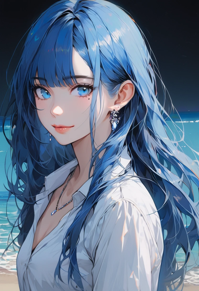 1girl, alone, long hair, looking at viewer, smile, bangs, blue eyes, shirt, Royal blue hair, jewelry, closed mouth, white shirt, earrings, collared shirt, necklace, mole, mole under eye, portrait, black background, ocean background,Soft lips,