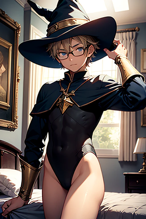 Boy, 13 years old, leotard, ((Bedroom)), rapier in his hand, wearing a wizard hat and eyeglasses