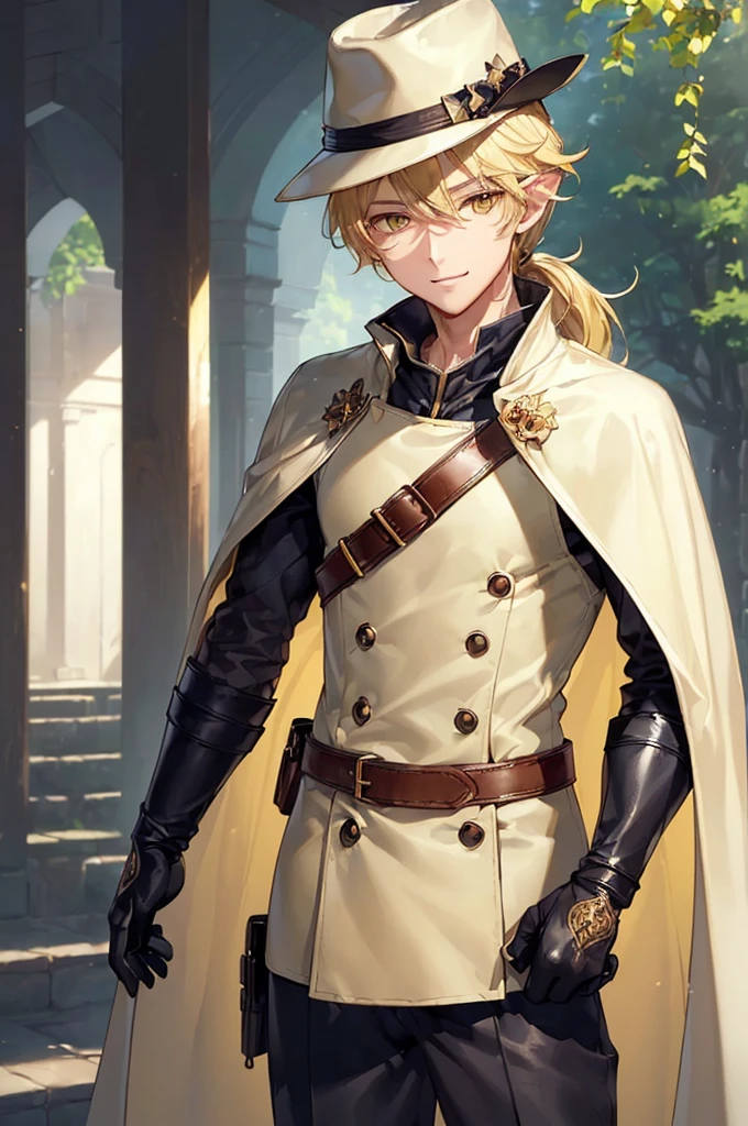 (((masterpiece; best quality: 1.2))), (finely detailed eyes: 1.3), (25 year old elf man), (solo), (yellow eyes: 1.4), (body; toned, fit, masculine: 1.3), (silky blonde hair in low ponytail: 1.3), (beautiful and clear background: 1.2), ((depth of field)), (equipment: adventurer garb + modest + elegant wide-brimmed hunter hat + overcoat + shirt + long cape + black pants + gloves + belt + pouches: 1.3), (anime illustration: 1.2), (background composition; royal garden: 1.1), (extremely fine and handsome: 1.1), (shot composition; standing + centered on torso + close-up: 1.5), (expression; calm, smile: 1.2)