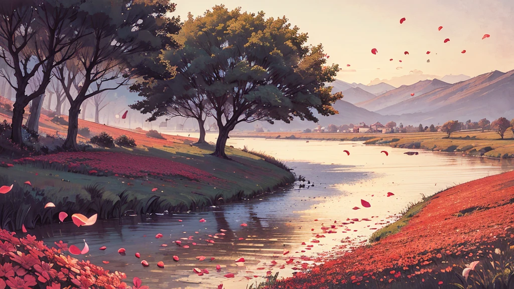 Petals flutter in the wind,Emotional,Warm tones,landscape,