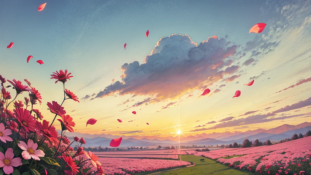 Petals flutter in the wind,Emotional,Warm tones,landscape,