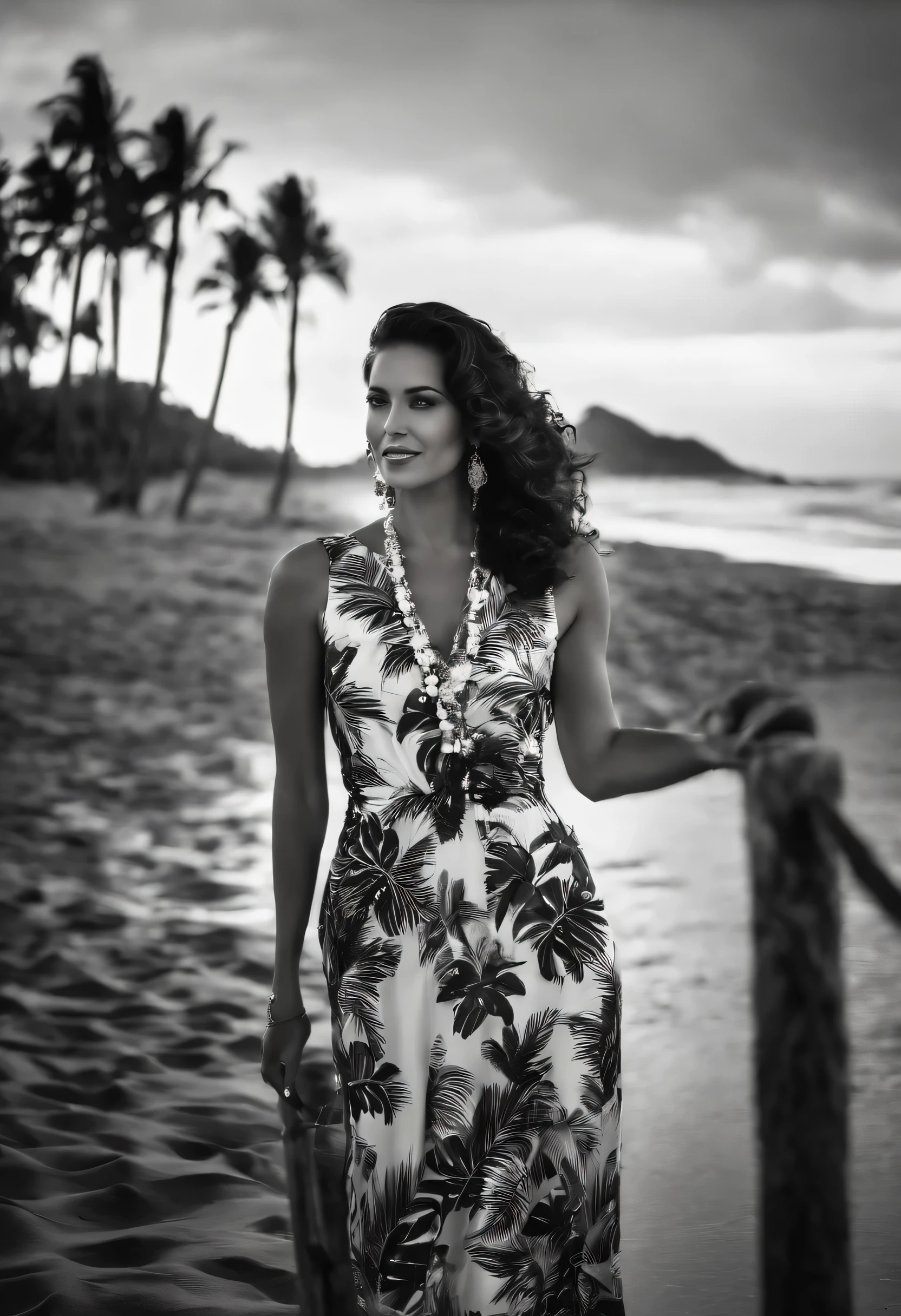 white dress for older woman, reflected in front of a black and white mirror, very retro, magie, tropical landscape, beachfront, late afternoon