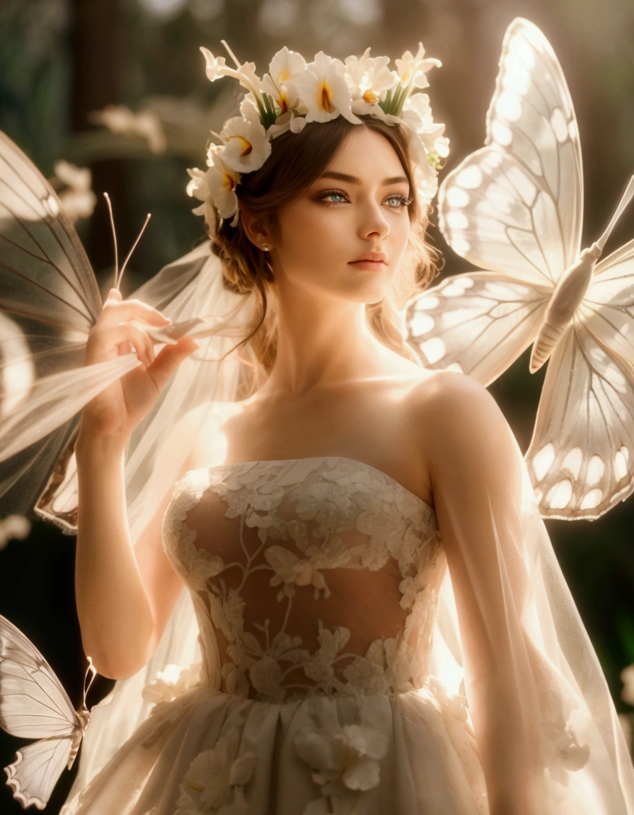 ((best quality)), ((masterpiece)), (detailed),nsfw, photorealistic, ultra high res, intricate, hyperdetailed, (skindentation), detailed body , (detailed face:1.1), (outlined iris), (hidrocor lenses), (perfect eyes), 4k, bride, woman, solo, butterfly's, nature, cream dress, wedding dress, flower crown