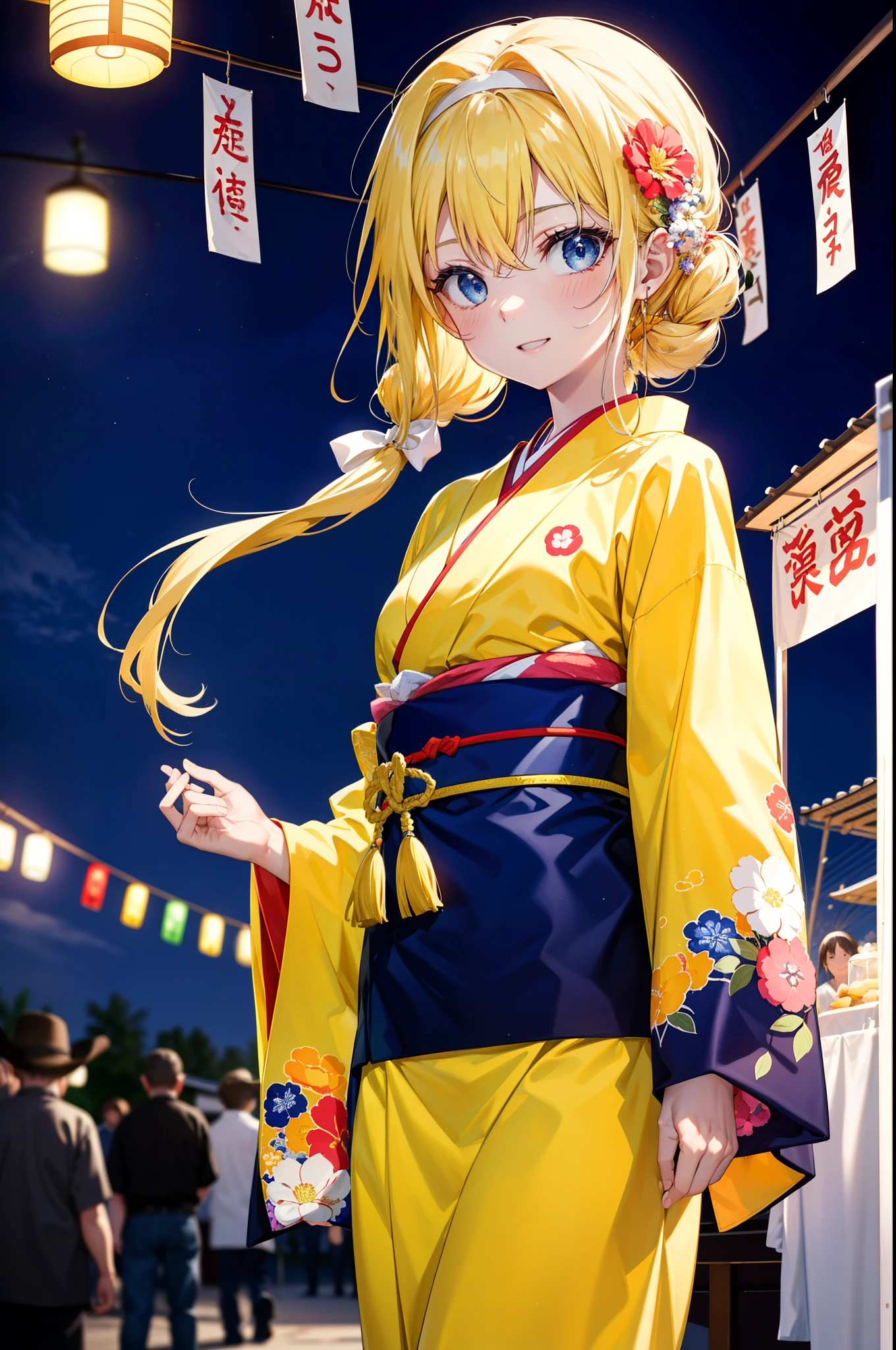 Arisburg, Alice Zuberg, bangs, blue eyes, blonde, Hair between the eyes, Long Hair,Flower Hair Ornaments,Tie your hair back, hair band, white hair band,Yellow kimono,happy smile,smile, Open your mouth,firework in the night sky、firework,場所はfirework大会,Time is night,sunny day,Japanese Festivals,Summer festival food stalls,Red Lantern,whole bodyがイラストに入るように
break outside, shrine,
break looking at viewer, whole body,(Cowboy Shot:1.5),
break (masterpiece:1.2), Highest quality, High resolution, unity 8k wallpaper, (shape:0.8), (Beautiful attention to detail:1.6), Highly detailed face, Perfect lighting, Extremely detailed CG, (Perfect hands, Perfect ???????),