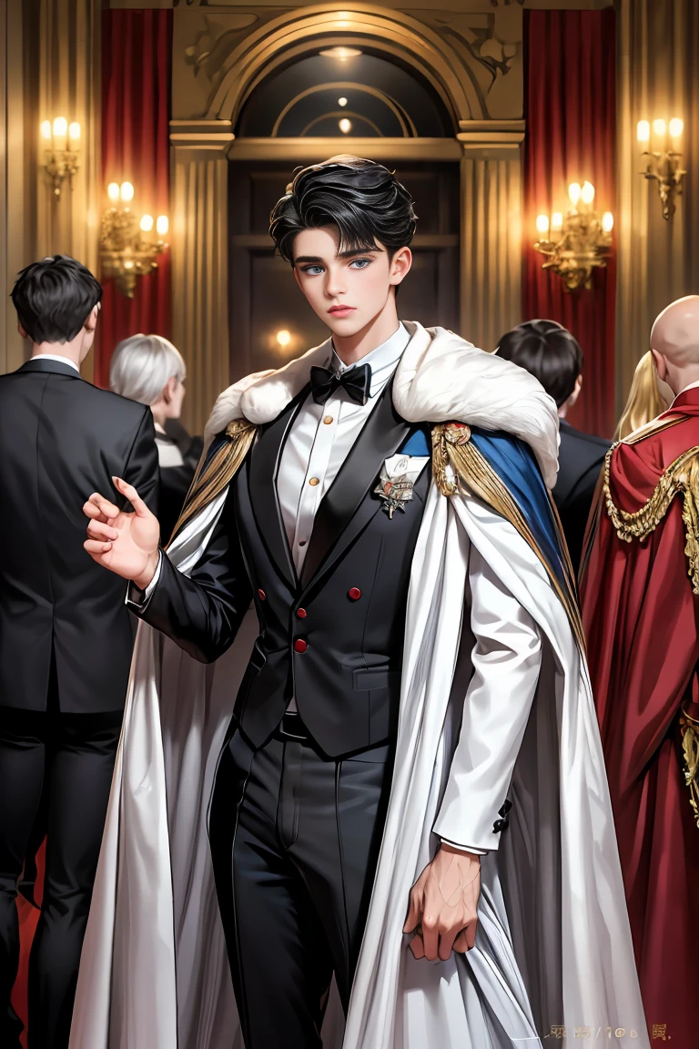 masterpiece, 最high quality, high quality, 1 boy, alone, Male focus, Watching the audience, Messy black hair, Adorable big blue eyes, White, Noble, Noble,A sexy, voluminous, puffy cape、tuxedo、A very voluminous, large, very large, very large, long, long red and black cape with a high stand-up collar, made of a lot of fabric that reaches down to the floor., 17 years old,Cute beautiful boys,Cute, cute, kind, handsome guy