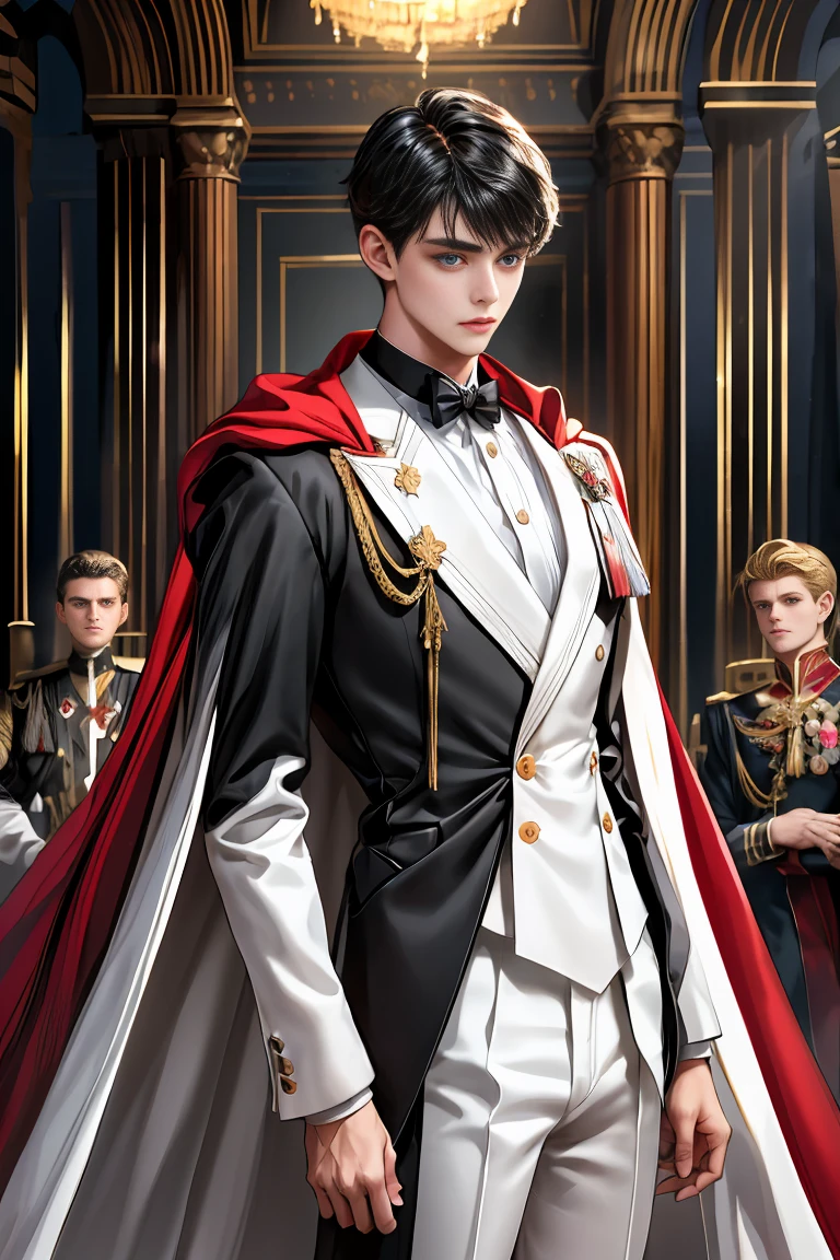 masterpiece, 最high quality, high quality, 1 boy, alone, Male focus, Watching the audience, Messy black hair, Adorable big blue eyes, White, Noble, Noble,A sexy, voluminous, puffy cape、tuxedo、A very voluminous, large, very large, very large, long, long red and black cape with a high stand-up collar, made of a lot of fabric that reaches down to the floor., ,Cute beautiful boys,Cute, cute, kind, handsome guy
