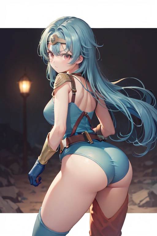 (highest quallity, 8k, work of art, best quality image, high resolution, super detaill, ultra HD, (delicate and smooth skin, realisic skin, perfect and beautiful face ,face perfect and beautiful, Skin with attention to detail, perfect limbs)), a girl , armors , focus on the ass , blue colored eyes , blush , camel toe , embarrassing , gloves fingerless , rear view , huge  ass , long blue hair , See your viewers , mini-skirt , open your mouth , Pegasus Knight Uniform (fire emblem) , standing alone , thick-thighs , knee socks , trifólio , Under the skirt , White-panties, abate (fire emblem)