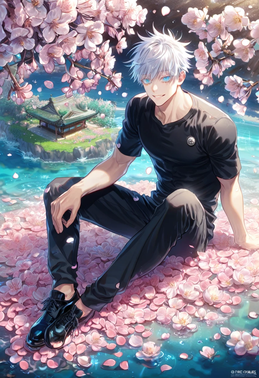absurdres, highres, ultra detailed, HDR, master piece, Gojou Satoru, white hair with bangs, white eyelashes, expressive blue eyes, black shirt, black pants, black shoes, Jujutsu Kaisen, y man sitting, handsome, best quality, blossoms, pink petals, pink flowers, fantasy, magical, blue shining fireflies, solo, water, handsome smile, sensual