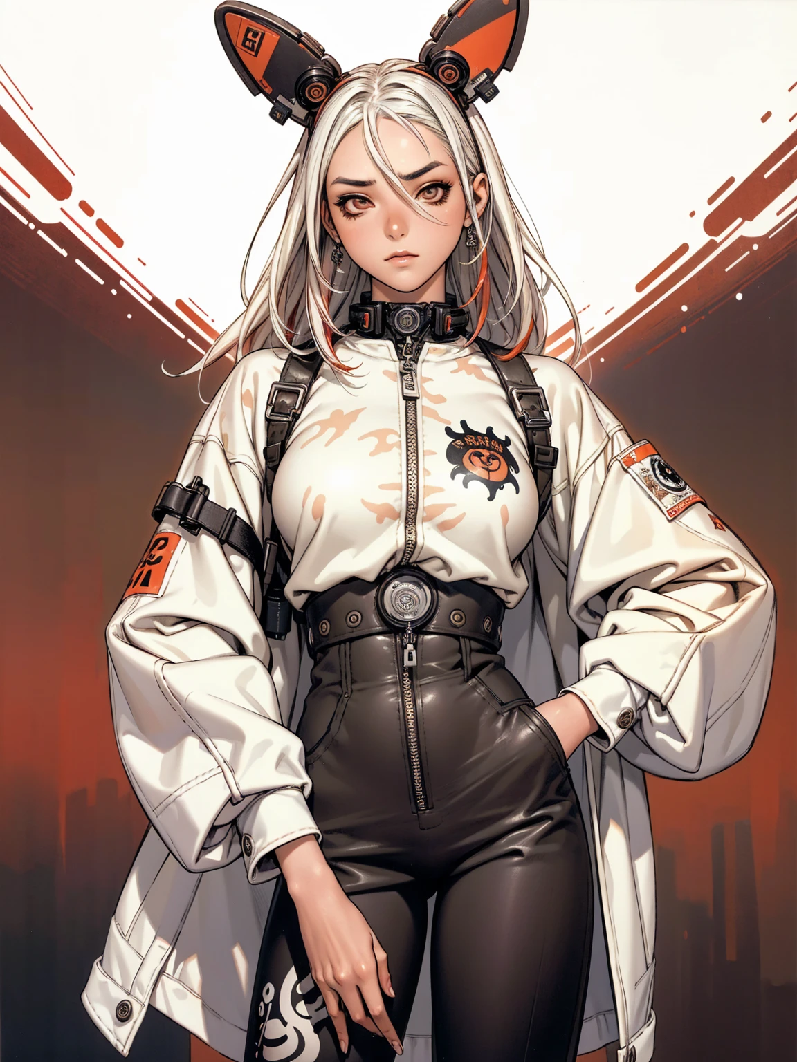 (best qualityer))), (((manga strokes))), (((white hair with red highlights))), Bunny ears and Googles on the forehead, (((baggy pants with bone print))), uma Kizi jovem muito bem vestida com roupas modernas de inverno, pants with military camouflage pattern, top gift vertical stripes, short jacket with dark fur collar, beautiful and expressive face, slightly-smile, big eyes with long black eyelashes, heavy make-up, chains and zippers spread across clothes, contrasting colours, pose de atitude, hair with a modern and futuristic cut, urban game poster art, dramatic camera angles, graffiti art elements in the background, design mixing contemporary and retro by Shepard Fairey, (((cowboy shot))), (((best qualityer: 1.4))), (Unbeatable masterpiece), (hiper HD),(CG 8k hyper-realistic), Kizi, (((standing alone))), pirralha violent, (((14歳))), sexly, pose de atitude, work of art, post-apocalypse, (((manga style))), bounty hunter, violent, Manic, the way you want, slenderbody, thin but strong, perfectbody, roupa moderna, advanced technology, neon, sleeves with vertical striped pattern, neutral background, (( cowboy shot )). intricate visual