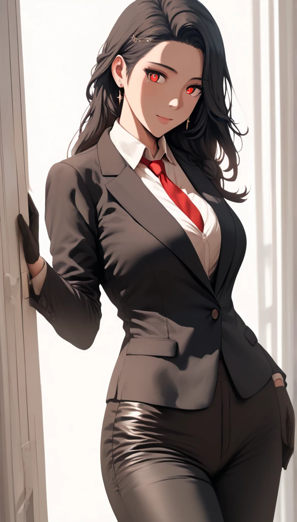 (hews art style:0.7), score_9, score_8_up, score_7_up, score_6_up, score_5_up, score_4_up, 1 girl, 23 years old, long black hair, handsome face, business suit, red tie,long black pants, black leather gloves, BREAK (masterpiece:1.2), best quality, high resolution, (illustration:0.8), (detailed eyes:1.3), perfect lighting, (perfect hands, perfect anatomy)