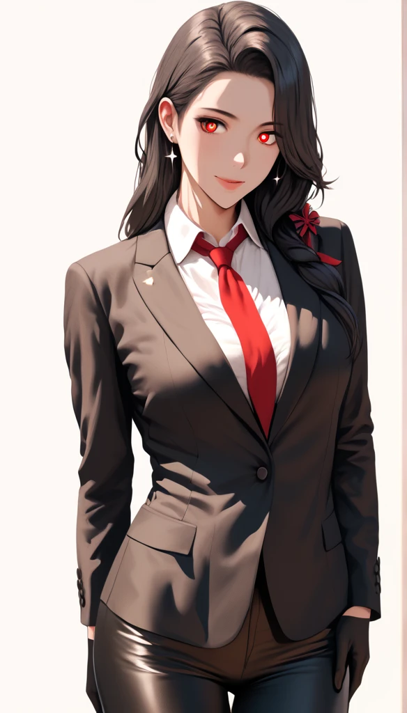 (hews art style:0.7), score_9, score_8_up, score_7_up, score_6_up, score_5_up, score_4_up, 1 girl, 23 years old, long black hair, handsome face, business suit, red tie,long black pants, black leather gloves, BREAK (masterpiece:1.2), best quality, high resolution, (illustration:0.8), (detailed eyes:1.3), perfect lighting, (perfect hands, perfect ???????)