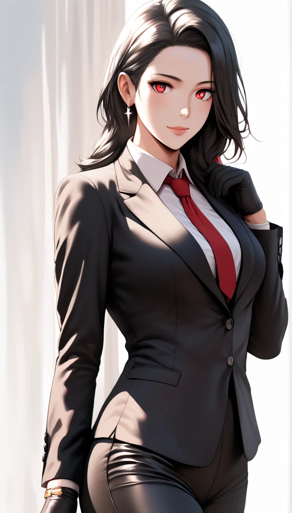 (hews art style:0.7), score_9, score_8_up, score_7_up, score_6_up, score_5_up, score_4_up, 1 girl, 23 years old, long black hair, handsome face, business suit, red tie,long black pants, black leather gloves, BREAK (masterpiece:1.2), best quality, high resolution, (illustration:0.8), (detailed eyes:1.3), perfect lighting, (perfect hands, perfect anatomy) 