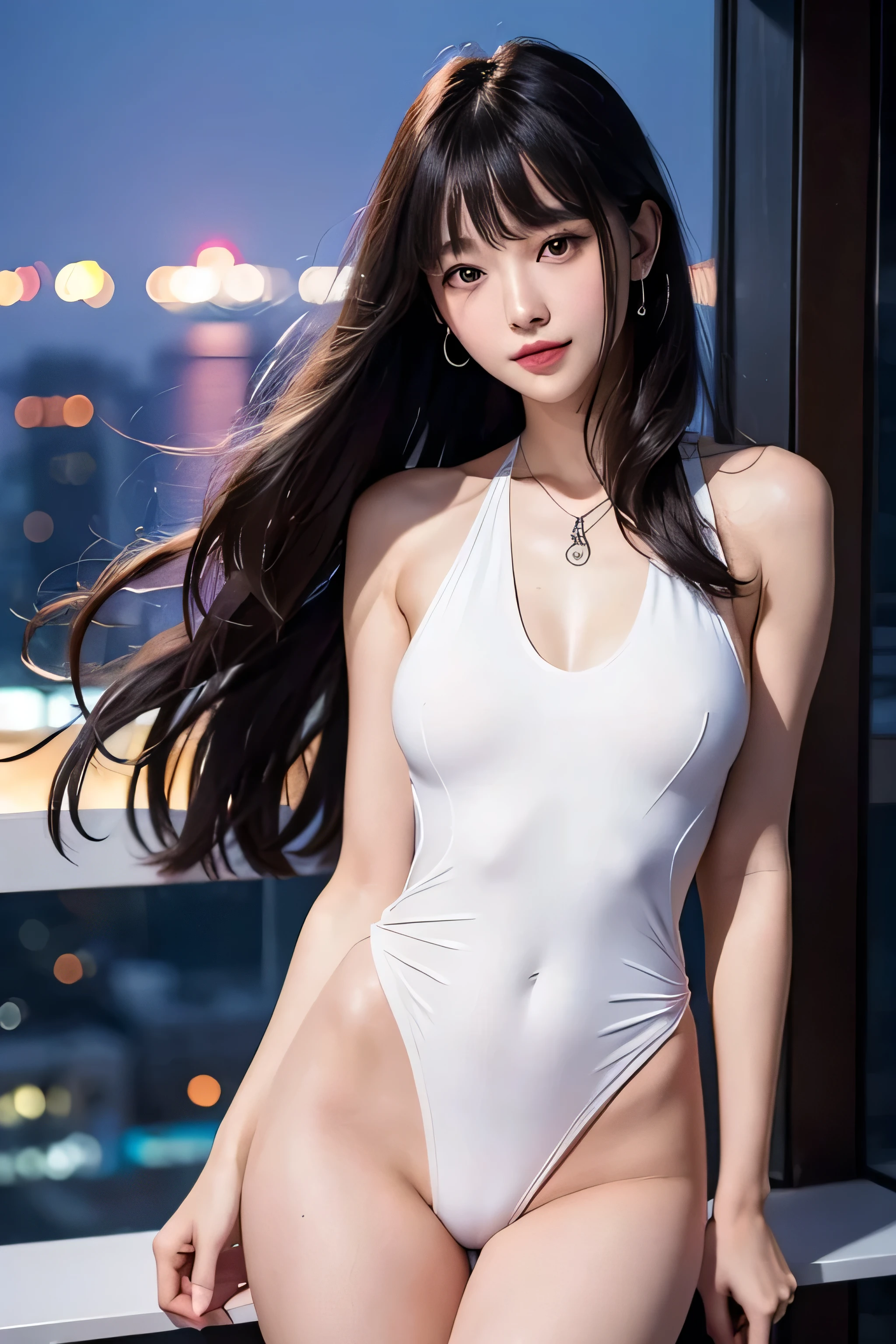 Thin woman、Asian Woman、((Height: 165cm、Weight 48Kg)Slender model)、smile、functional、17 year old female、Are thin、Big eyes、dignity、Healthy woman、(Silver one-piece swimsuit with(Gloss))、Hanging cord、Long curly hair blowing in the wind、bangs、Slim body、Small breasts、upright、Thighs、Real、high quality 8k、perfection、Highest quality、Night view