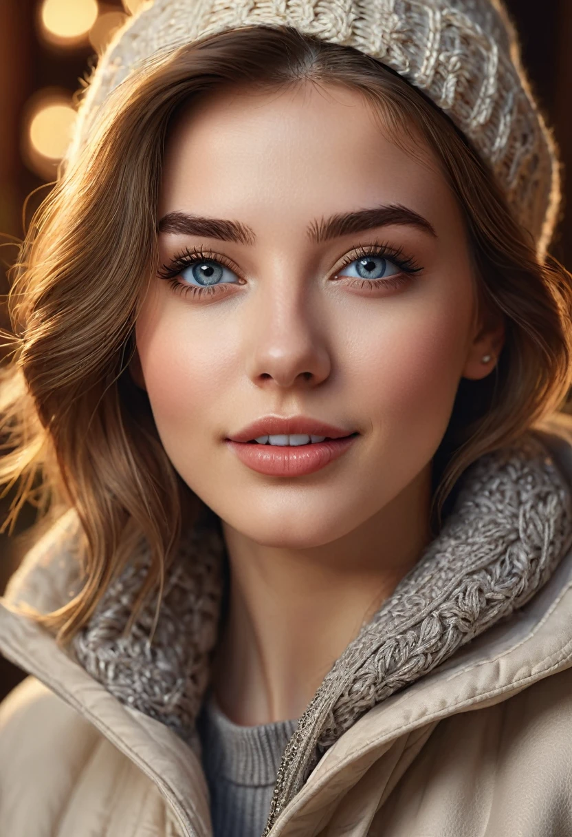 beautiful intricate detailed portrait of a young woman, 1girl, beautiful detailed eyes, beautiful detailed lips, extremely detailed face, longeyelashes, elegant expression, warm smile, stylish modern clothing, soft lighting, high quality, photorealistic, digital painting, realistic, detailed, cinematic, dramatic composition