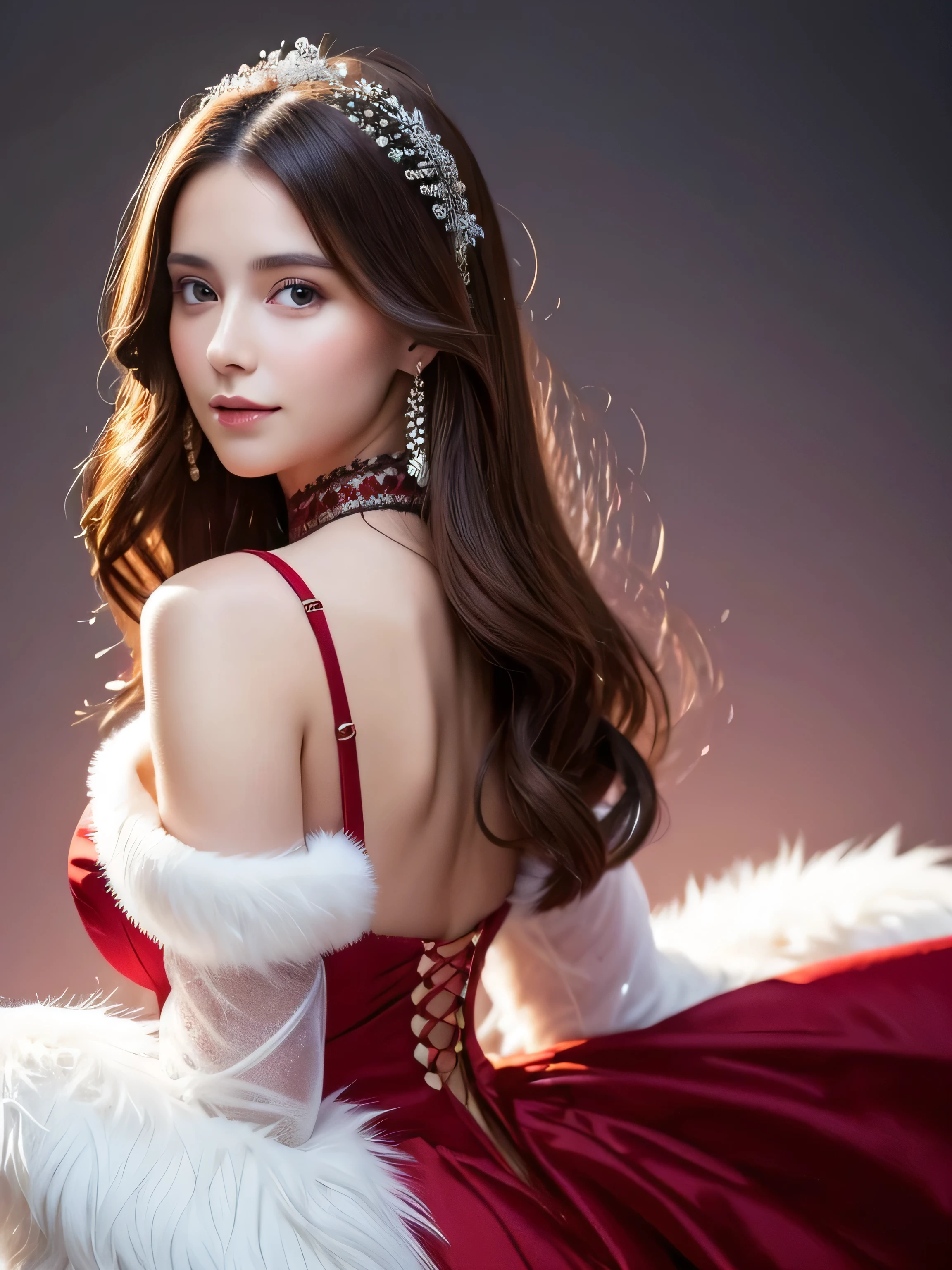 A stunning portrait of Anna Dittman-like beauty, dressed in a fitted red and white dress with fur trim, wide sleeves, and gloves, set against a darker bokeh background. Her long ash-brown hair cascades down her back as she gazes directly at the viewer with a captivating smile (1, 4). Her realistic violet eyes sparkle with intrigue. The focus is sharp, highlighting the intricate details of her outfit, from the delicate patterns to the subtle texture of the fur trim.