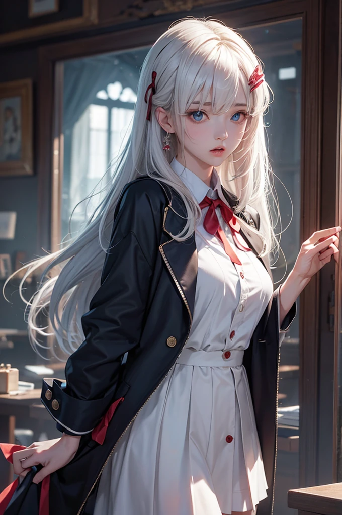 Volumetric Lighting, (masterpiece), (best quality), (ultra-detailed), masterpiece, source_anime, score_9, score_8_up, score_7_up BREAK, illustration, disheveled hair, detailed eyes, perfect composition, moist skin, intricate details BREAK, light depth, dramatic atmospheric lighting, Volumetric Lighting, Moegami, long hair, white hair, blue eyes BREAK, schoolorigami,ori hairclip, rzn blazer, rzn shirt, rzn skirt, rzn neck ribbon, red ribbon, BREAK, classroom