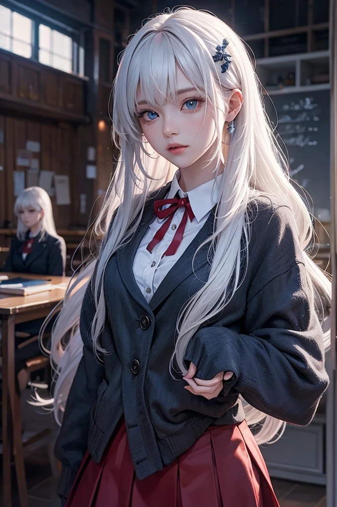 Volumetric Lighting, (masterpiece), (best quality), (ultra-detailed), masterpiece, source_anime, score_9, score_8_up, score_7_up BREAK, illustration, disheveled hair, detailed eyes, perfect composition, moist skin, intricate details BREAK, light depth, dramatic atmospheric lighting, Volumetric Lighting, Moegami, long hair, white hair, blue eyes BREAK, schoolorigami,ori hairclip, rzn blazer, rzn shirt, rzn skirt, rzn neck ribbon, red ribbon, BREAK, classroom