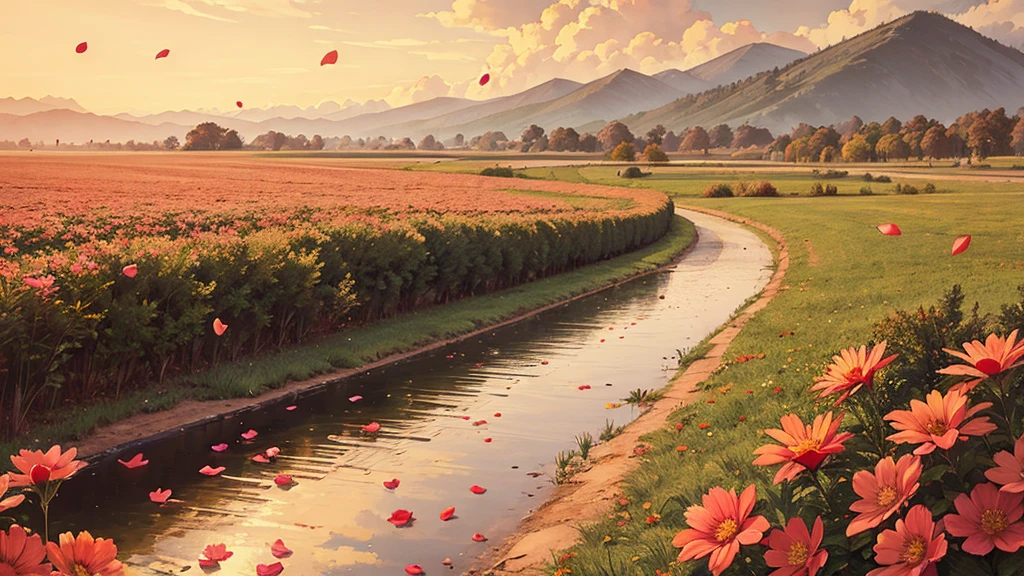Petals flutter in the wind,Emotional,Warm tones,landscape,