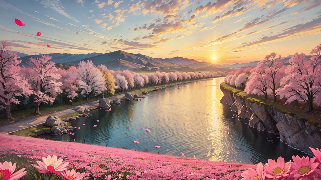 Petals flutter in the wind,Emotional,Warm tones,landscape,