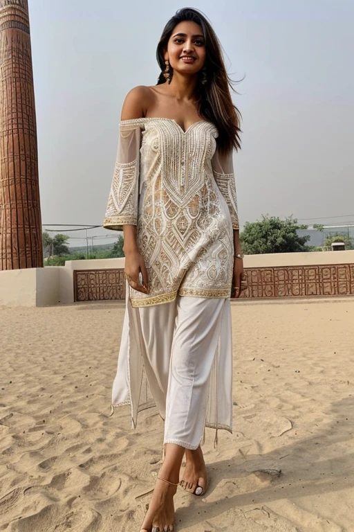 tall fair skinned Pakistani woman in skimpy off shoulder salwar kamiz showing off long shapely legs, prominent collarbone, barefoot, full shot