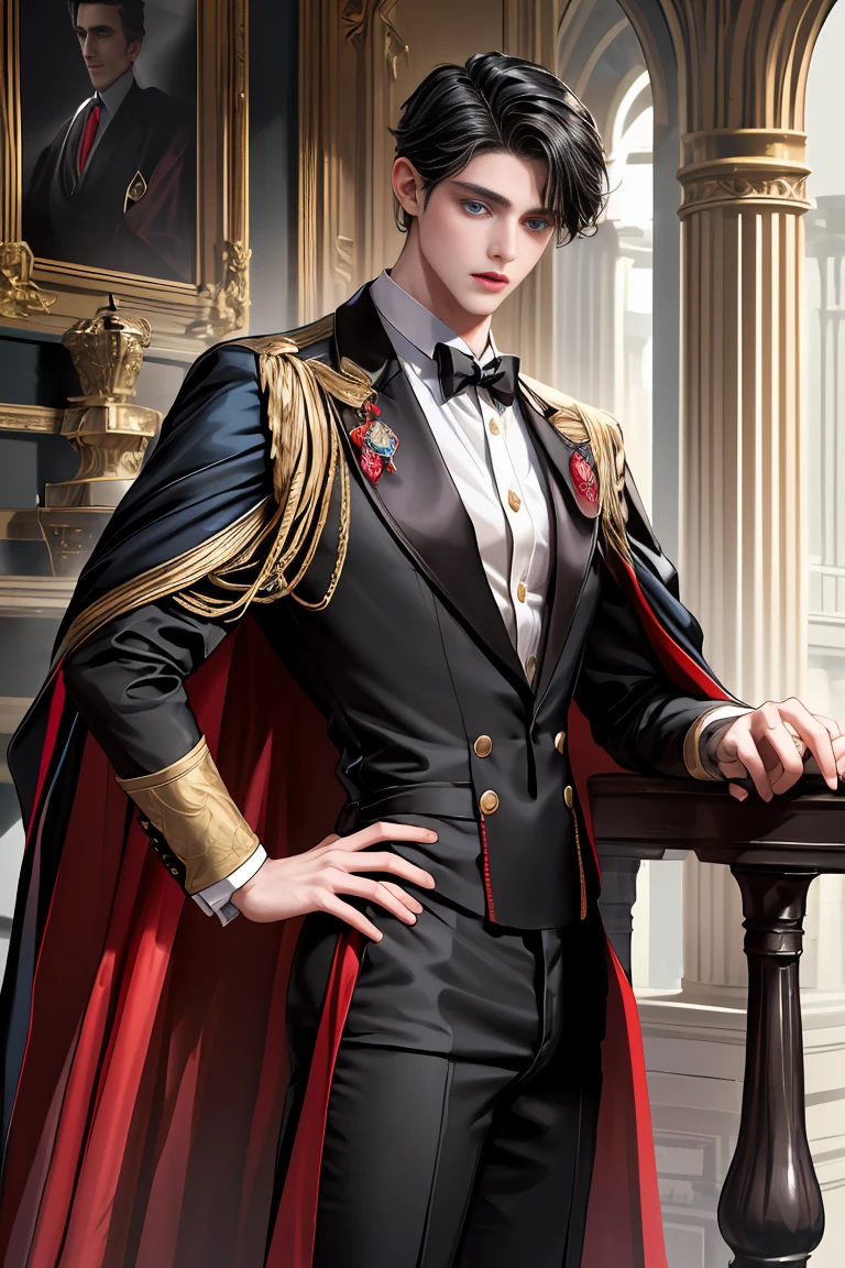 
masterpiece, 最high quality, high quality, 1 boy, alone, Male focus, Watching the audience,  Messy black hair, Adorable big blue eyes, White, Noble, Noble,A black and red cape that is bursting with sexy volume、Tuxedo、A very voluminous, large, very large, very large, long, long red and black cape with a high stand-up collar, made of a lot of fabric that reaches down to the floor., 17 years old,Cute beautiful boys,Cute, cute, kind, handsome guy