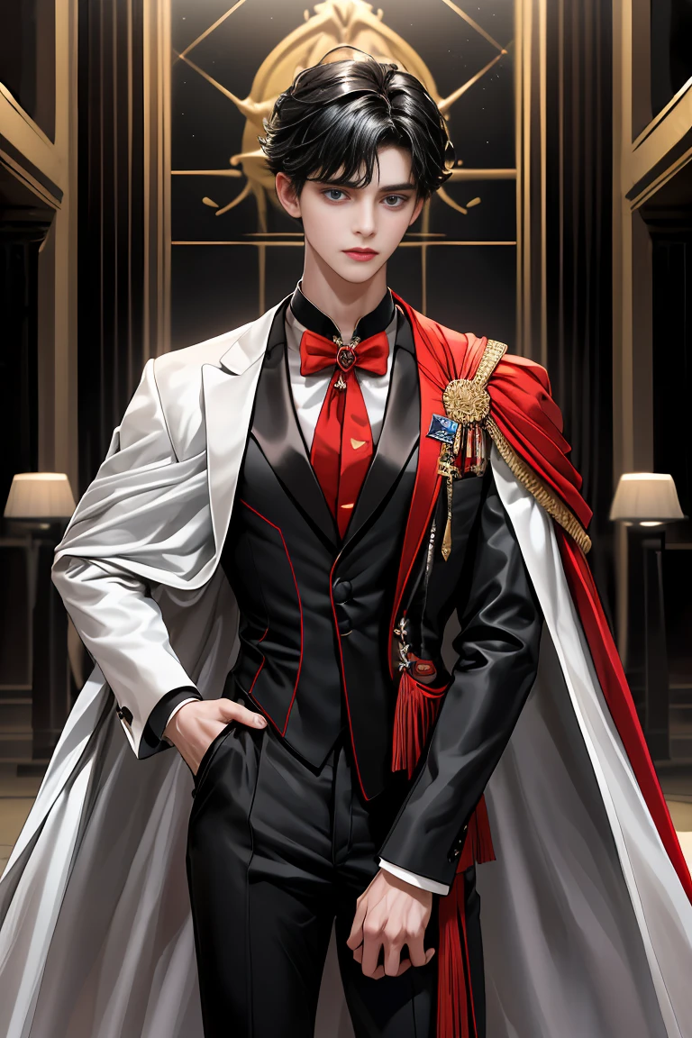 
masterpiece, 最high quality, high quality, 1 boy, alone, Male focus, Watching the audience,  Messy black hair, Adorable big blue eyes, White, Noble, Noble,A black and red cape that is bursting with sexy volume、Tuxedo、A very voluminous, large, very large, very large, long, long red and black cape with a high stand-up collar, made of a lot of fabric that reaches down to the floor., 17 years old,Cute beautiful boys,Cute, cute, kind, handsome guy