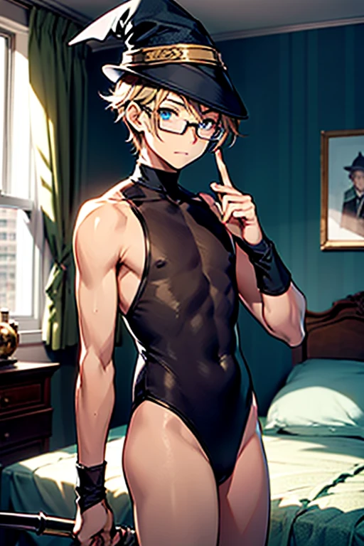 Boy, , leotard, ((Bedroom)), rapier in his hand, wearing a wizard hat and eyeglasses
