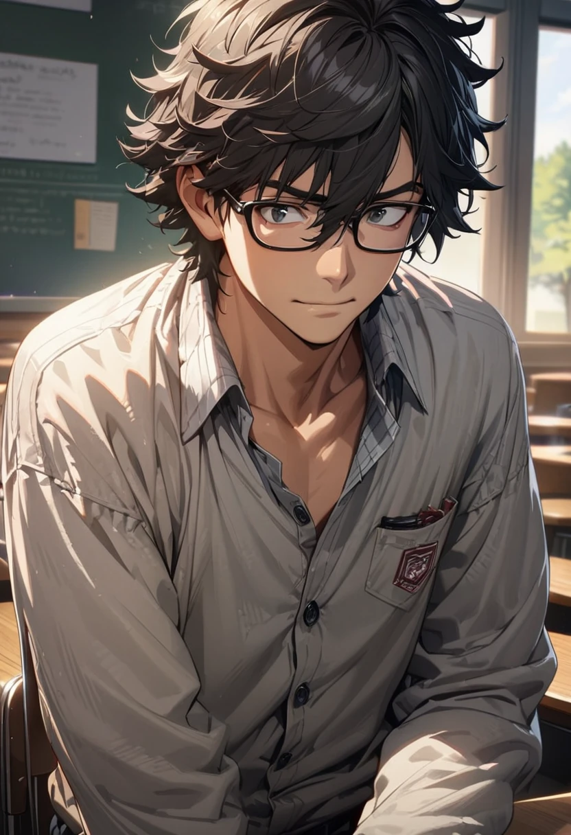 1.5, best quality, high quality, High definition, High quality texture, high detail, beautiful detailed, finely detailed, extremely detailed cg, detailed texture, 1man, boy, male, ((nerd)), school, messy button up, messy clothes, shaggy hair, black hair, short hair, reserved