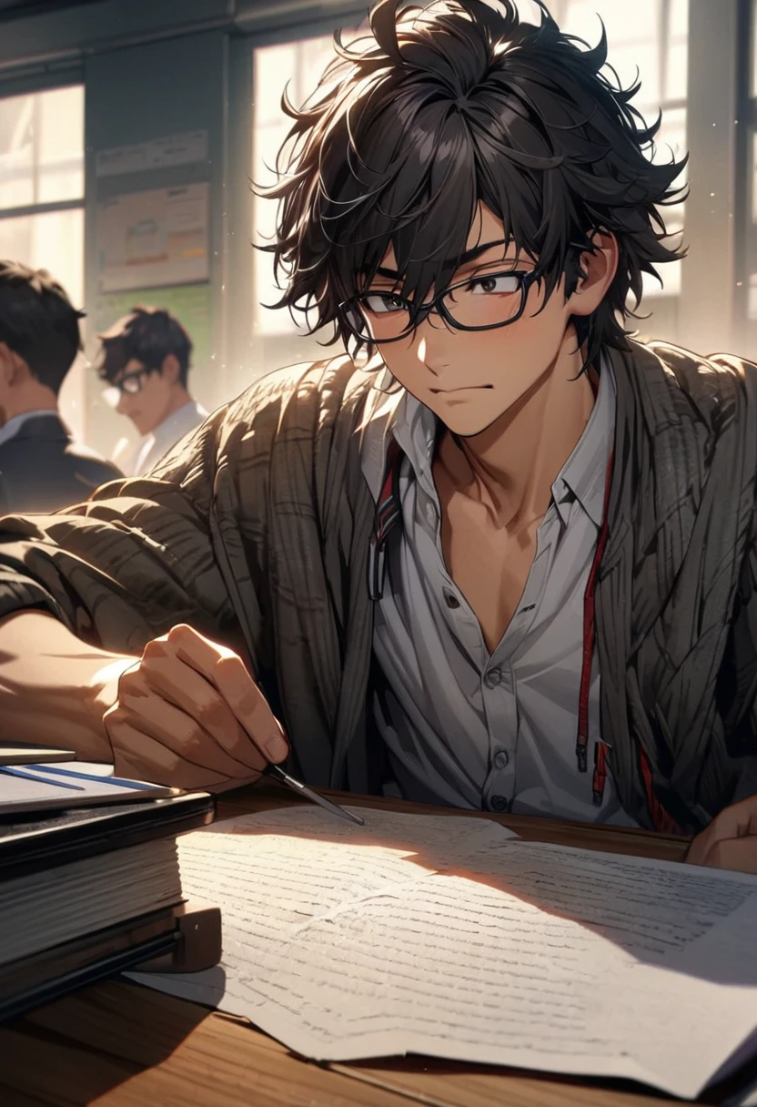 1.5, best quality, high quality, High definition, High quality texture, high detail, beautiful detailed, finely detailed, extremely detailed cg, detailed texture, 1man, boy, male, ((nerd)), school, messy button up, messy clothes, shaggy hair, black hair, short hair, reserved