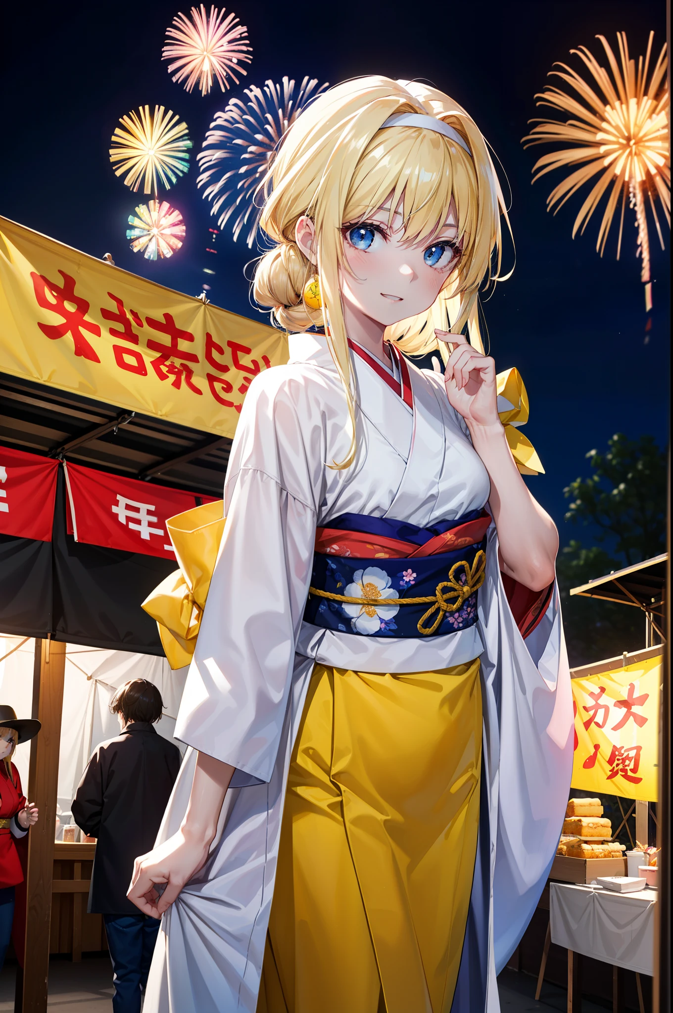 Arisburg, Alice Zuberg, bangs, blue eyes, blonde, Hair between the eyes, Long Hair,Flower Hair Ornaments,Tie your hair back, hair band, white hair band,Yellow kimono,happy smile,smile, Open your mouth,firework in the night sky、firework,場所はfirework大会,Time is night,sunny day,Japanese Festivals,Summer festival food stalls,Red Lantern,whole bodyがイラストに入るように
break outside, shrine,
break looking at viewer, whole body,(Cowboy Shot:1.5),
break (masterpiece:1.2), Highest quality, High resolution, unity 8k wallpaper, (shape:0.8), (Beautiful attention to detail:1.6), Highly detailed face, Perfect lighting, Extremely detailed CG, (Perfect hands, Perfect Anatomy),