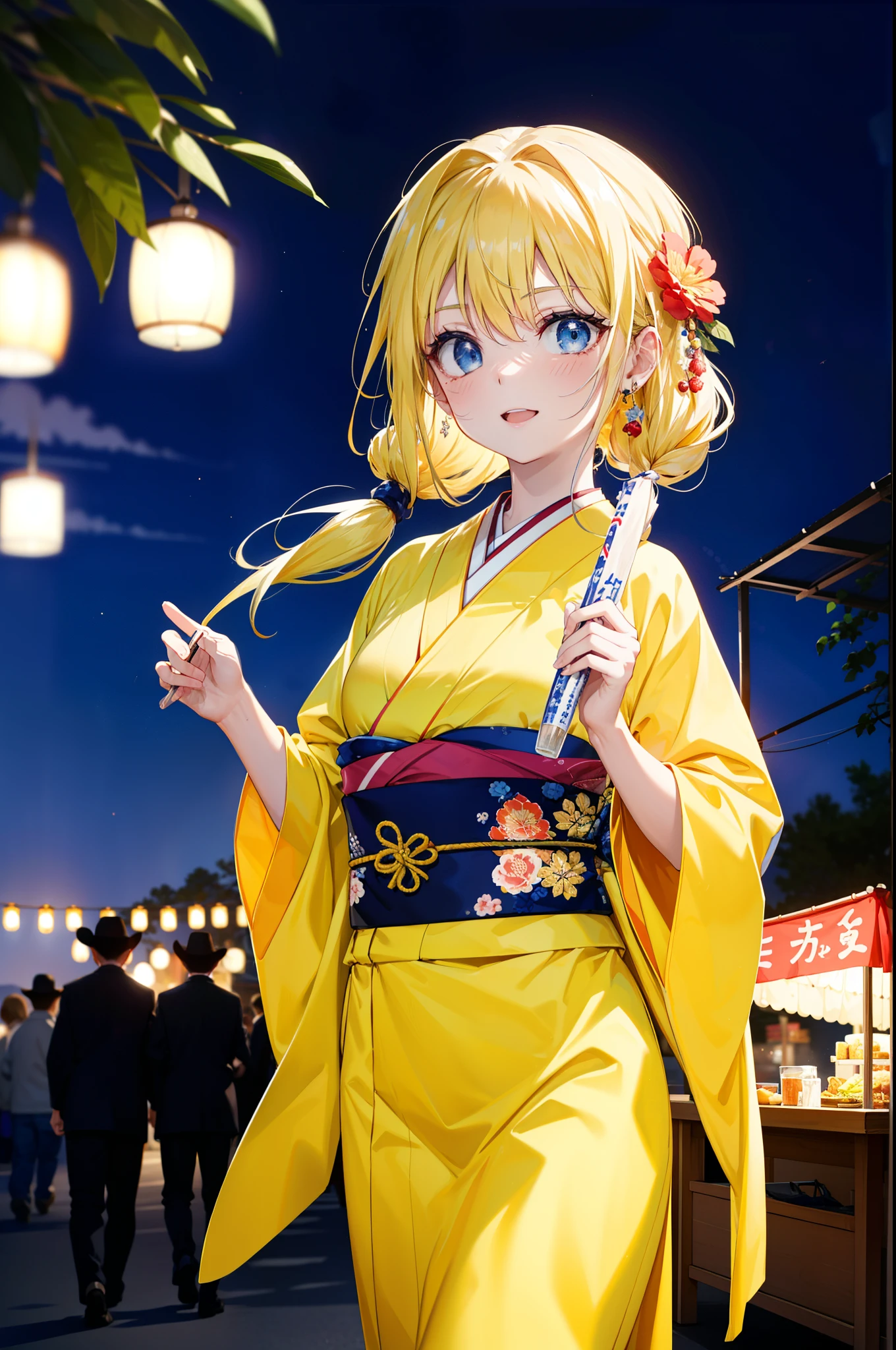 Arisburg, Alice Zuberg, bangs, blue eyes, blonde, Hair between the eyes, Long Hair,Flower Hair Ornaments,Tie your hair back, hair band, white hair band,Yellow kimono,happy smile,smile, Open your mouth,firework in the night sky、firework,場所はfirework大会,Time is night,sunny day,Japanese Festivals,Summer festival food stalls,Red Lantern,whole bodyがイラストに入るように
break outside, shrine,
break looking at viewer, whole body,(Cowboy Shot:1.5),
break (masterpiece:1.2), Highest quality, High resolution, unity 8k wallpaper, (shape:0.8), (Beautiful attention to detail:1.6), Highly detailed face, Perfect lighting, Extremely detailed CG, (Perfect hands, Perfect Anatomy),
