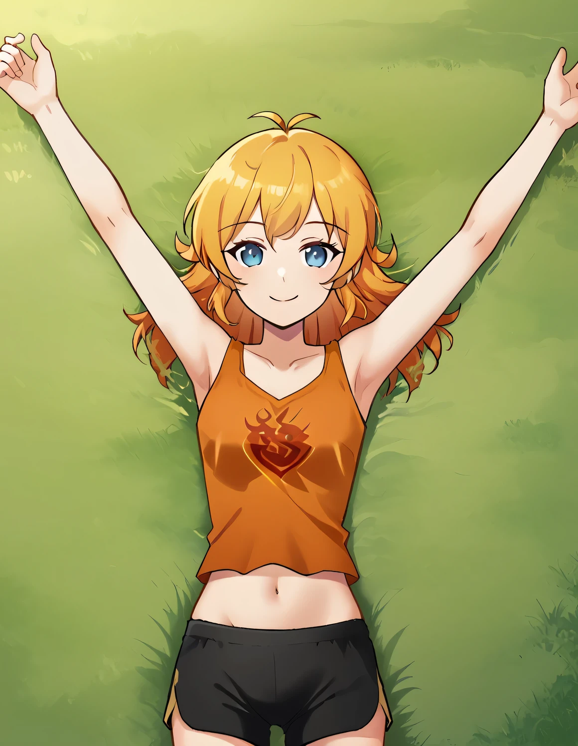 YangPajamas, black shorts, orange tank top, midriff, barefoot, high quality, solo, 1girl, lying, on back, spread arms, arms up, on grass, (contrapposto), closed mouth, spread armpits, (cowboy shot:1.5), looking at viewer, best quality, smile,
