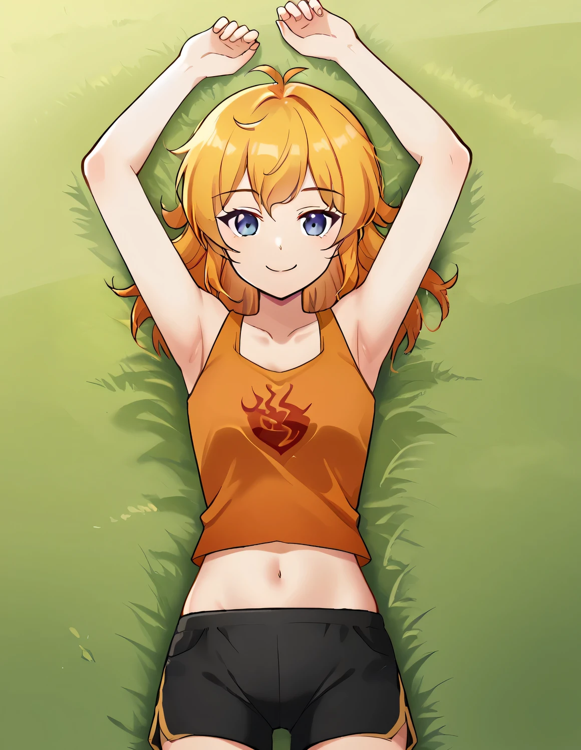 YangPajamas, black shorts, orange tank top, midriff, barefoot, high quality, solo, 1girl, lying, on back, spread arms, arms up, on grass, (contrapposto), closed mouth, spread armpits, (cowboy shot:1.5), looking at viewer, best quality, smile,