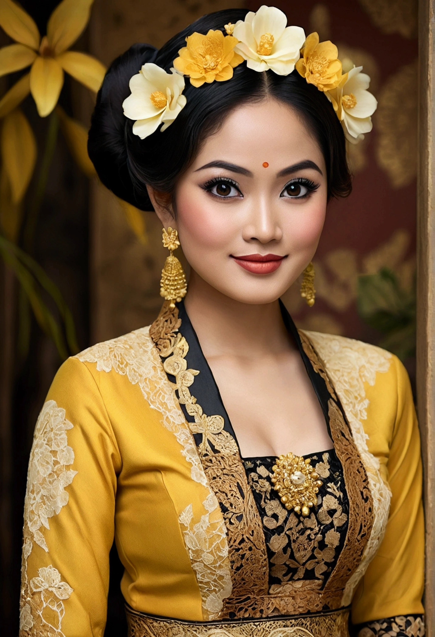 create a realistic picture of a woman with a proportional body shape wearing a golden yellow kebaya decorated with fine lace, combined with brown and black batik cloth. She has a round face, fair skin, thick eyebrows, big eyes with dramatic makeup, and natural lipstick. Her hair was styled in a traditional bun and decorated with cream flowers. This woman smiled sweetly and posed slightly bent with her hands resting on her knees.