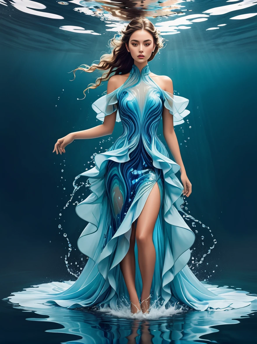 A girl，Wearing a gorgeous outfit made of water，Exquisite dress，Elegant water dress，Gorgeous and elegant，Luxurious clothing，Inspired by Hedi Xandt&#39;s design style。Her attire includes intricate clothing、ornate royal robes、Fine clothing and robes，and dresses with delicate and elegant details。She stepped on high heels，Dressed in royal style。Her hands have finely detailed finger drawings。The fire burned in her body，Also dancing on the skirt，The fire element gave her a winged form。Covered with transparent fabric。It's a masterpiece, The highest quality artistic presentation：1.2）,（8K resolution high-definition RAW photos, a realistic style, Photorealistic:1.3）,(Skin texture is extremely detailed, The fabric texture is exquisite, Realistic flame effects, Beautiful and delicate face:1.25),Professional lighting arrangement、Photon Mapping Technology、Soft and beautiful light processing、Radiometric calculation method、High-end shooting techniques such as physically based realistic rendering and ray tracing technology are used in it;Model-like shooting style， (Extremely fine CG unified 8K wallpaper),Full-length photo shows one of the most beautiful works of art in the world