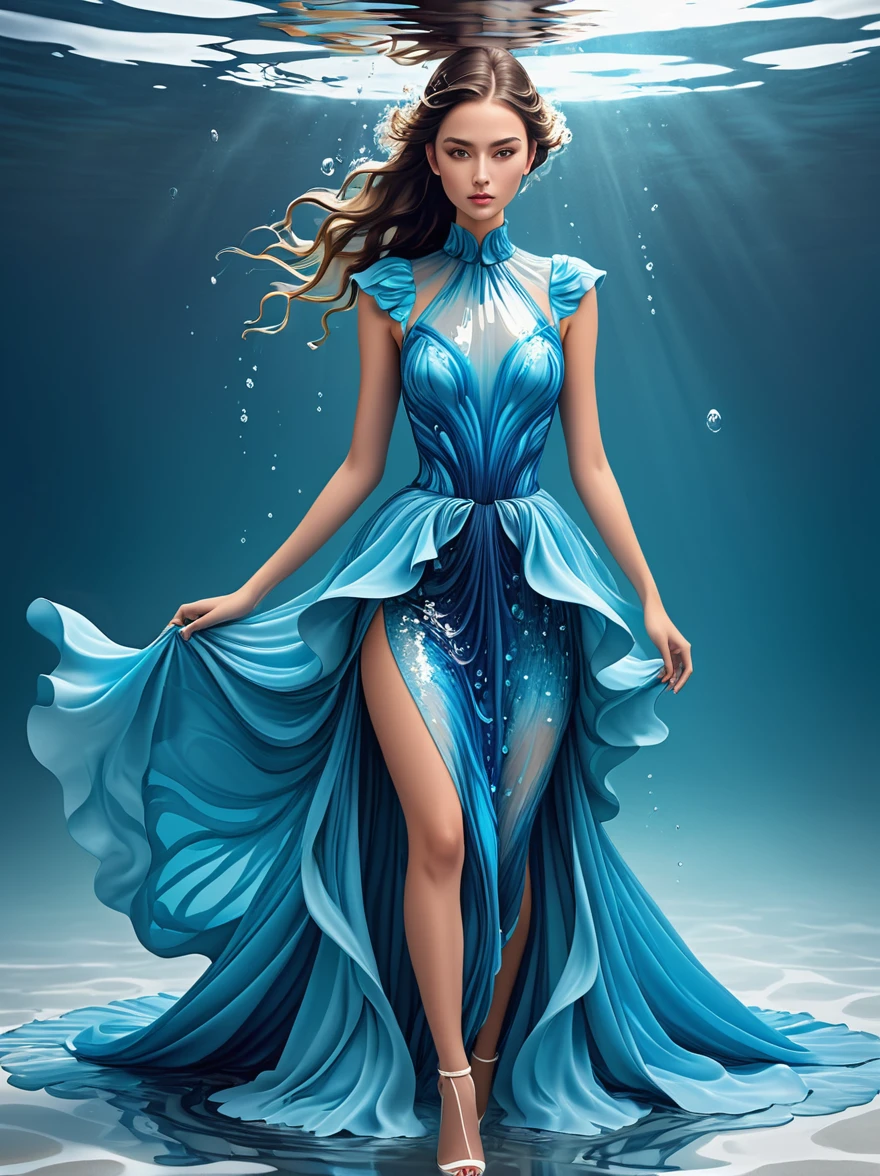 A girl，Wearing a gorgeous outfit made of water，Exquisite dress，Elegant water dress，Gorgeous and elegant，Luxurious clothing，Inspired by Hedi Xandt&#39;s design style。Her attire includes intricate clothing、ornate royal robes、Fine clothing and robes，and dresses with delicate and elegant details。She stepped on high heels，Dressed in royal style。Her hands have finely detailed finger drawings。The fire burned in her body，Also dancing on the skirt，The fire element gave her a winged form。Covered with transparent fabric。It's a masterpiece, The highest quality artistic presentation：1.2）,（8K resolution high-definition RAW photos, a realistic style, Photorealistic:1.3）,(Skin texture is extremely detailed, The fabric texture is exquisite, Realistic flame effects, Beautiful and delicate face:1.25),Professional lighting arrangement、Photon Mapping Technology、Soft and beautiful light processing、Radiometric calculation method、High-end shooting techniques such as physically based realistic rendering and ray tracing technology are used in it;Model-like shooting style， (Extremely fine CG unified 8K wallpaper),Full-length photo shows one of the most beautiful works of art in the world