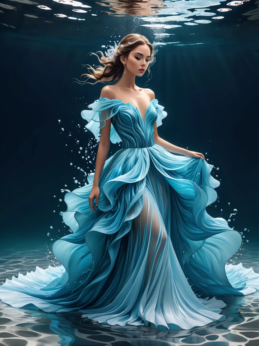 A girl，Wearing a gorgeous outfit made of water，Exquisite dress，Elegant water dress，Gorgeous and elegant，Luxurious clothing，Inspired by Hedi Xandt&#39;s design style。Her attire includes intricate clothing、ornate royal robes、Fine clothing and robes，and dresses with delicate and elegant details。She stepped on high heels，Dressed in royal style。Her hands have finely detailed finger drawings。The fire burned in her body，Also dancing on the skirt，The fire element gave her a winged form。Covered with transparent fabric。It's a masterpiece, The highest quality artistic presentation：1.2）,（8K resolution high-definition RAW photos, a realistic style, Photorealistic:1.3）,(Skin texture is extremely detailed, The fabric texture is exquisite, Realistic flame effects, Beautiful and delicate face:1.25),Professional lighting arrangement、Photon Mapping Technology、Soft and beautiful light processing、Radiometric calculation method、High-end shooting techniques such as physically based realistic rendering and ray tracing technology are used in it;Model-like shooting style， (Extremely fine CG unified 8K wallpaper),Full-length photo shows one of the most beautiful works of art in the world