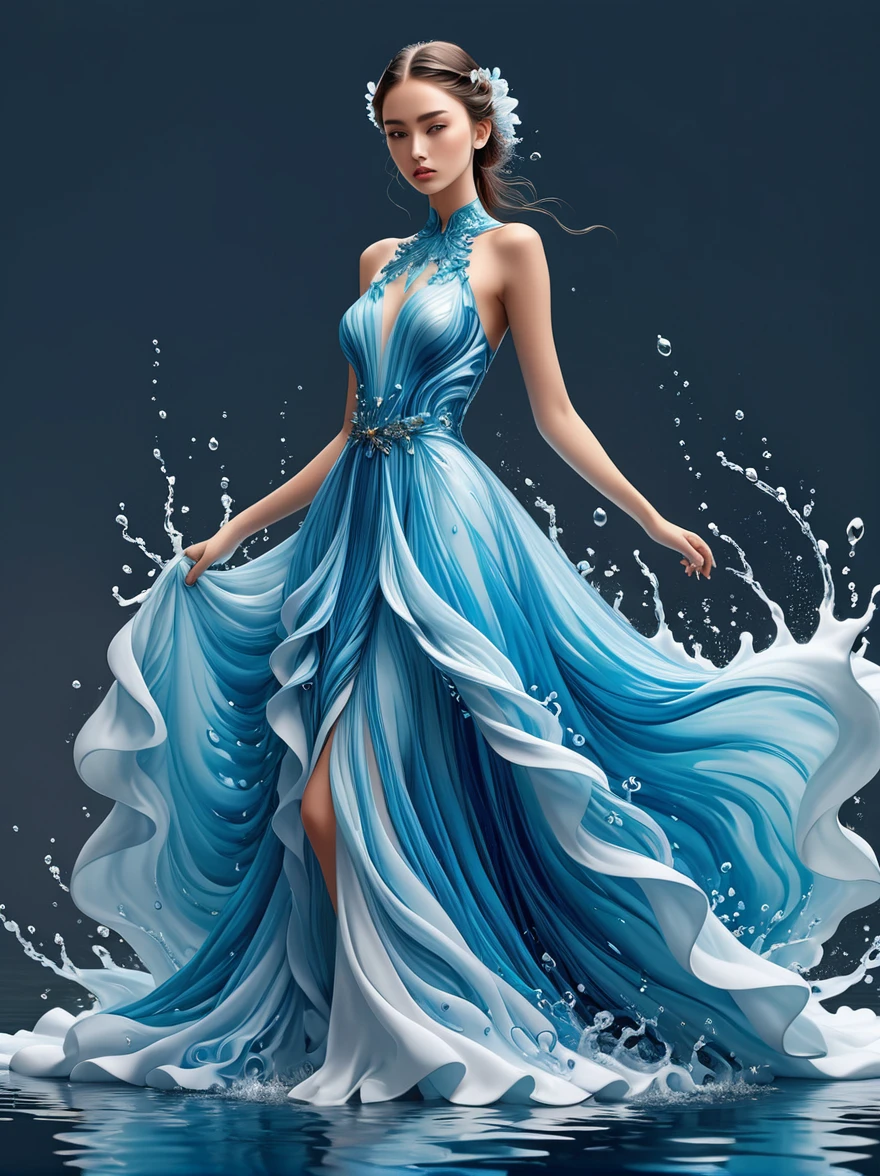 A girl，Wearing a gorgeous outfit made of water，Exquisite dress，Elegant water dress，Gorgeous and elegant，Luxurious clothing，Inspired by Hedi Xandt&#39;s design style。Her attire includes intricate clothing、ornate royal robes、Fine clothing and robes，and dresses with delicate and elegant details。She stepped on high heels，Dressed in royal style。Her hands have finely detailed finger drawings。The fire burned in her body，Also dancing on the skirt，The fire element gave her a winged form。Covered with transparent fabric。It's a masterpiece, The highest quality artistic presentation：1.2）,（8K resolution high-definition RAW photos, a realistic style, Photorealistic:1.3）,(Skin texture is extremely detailed, The fabric texture is exquisite, Realistic flame effects, Beautiful and delicate face:1.25),Professional lighting arrangement、Photon Mapping Technology、Soft and beautiful light processing、Radiometric calculation method、High-end shooting techniques such as physically based realistic rendering and ray tracing technology are used in it;Model-like shooting style， (Extremely fine CG unified 8K wallpaper),Full-length photo shows one of the most beautiful works of art in the world