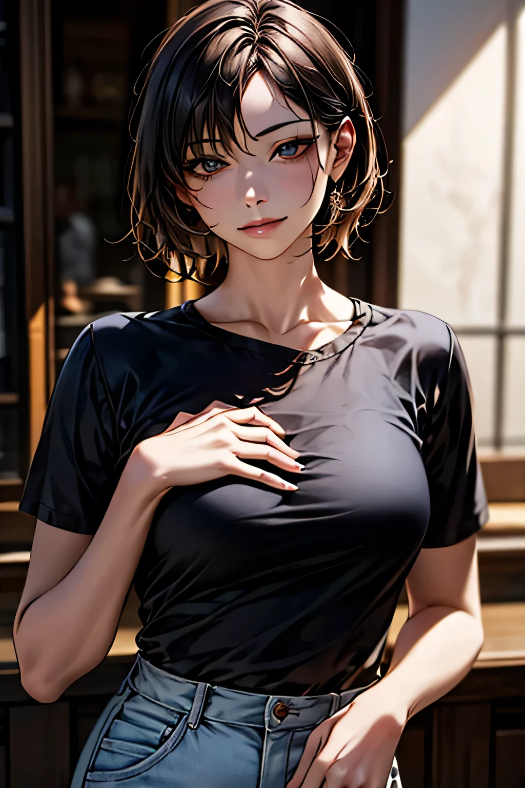 Highest quality, Ultra-high resolution, (Realistic: 1.4), beautiful Eyes, Super beautiful, Very short hair, beautiful, Big Breasts, spouse, Rough Chest T-shirt, beautiful Soldier, Eyes that beckon, The spouse&#39;s perspective, Attractive look, Sexy smile, Perfect Style, Perfect balance, Detailed skin, Mischievous Gaze, I can see your chest