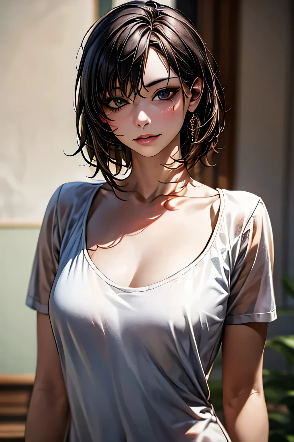 Highest quality, Ultra-high resolution, (Realistic: 1.4), beautiful Eyes, Super beautiful, Very short hair, beautiful, Big Breasts, spouse, Rough Chest T-shirt, beautiful Soldier, Eyes that beckon, The spouse&#39;s perspective, Attractive look, Sexy smile, Perfect Style, Perfect balance, Detailed skin, Mischievous Gaze, I can see your chest