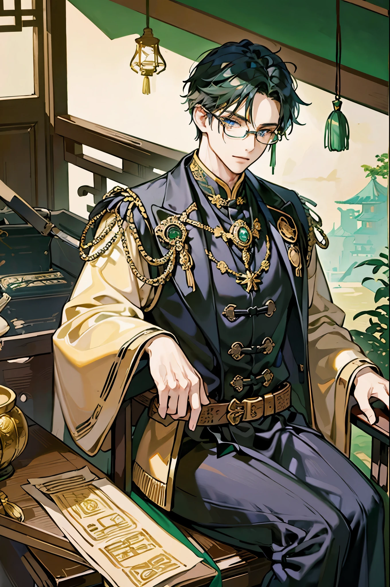 The men wear black-green-gold robes with traditional Chinese patterns. , Assessor , sitting in a wooden chair , There is a wooden table. , Looking at antiques ,                  There is only one man., blue eyes , Hand holding antique objects , There are antiques at the back. , with monocle glasses