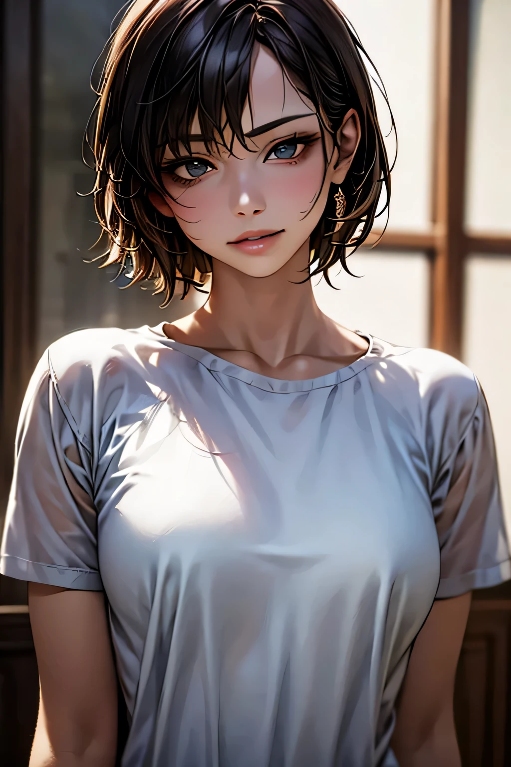 Highest quality, Ultra-high resolution, (Realistic: 1.4), beautiful Eyes, Super beautiful, Very short hair, beautiful, Big Breasts, spouse, Rough Chest T-shirt, beautiful Soldier, Eyes that beckon, The spouse&#39;s perspective, Attractive look, Sexy smile, Perfect Style, Perfect balance, Detailed skin, Mischievous Gaze, I can see your chest